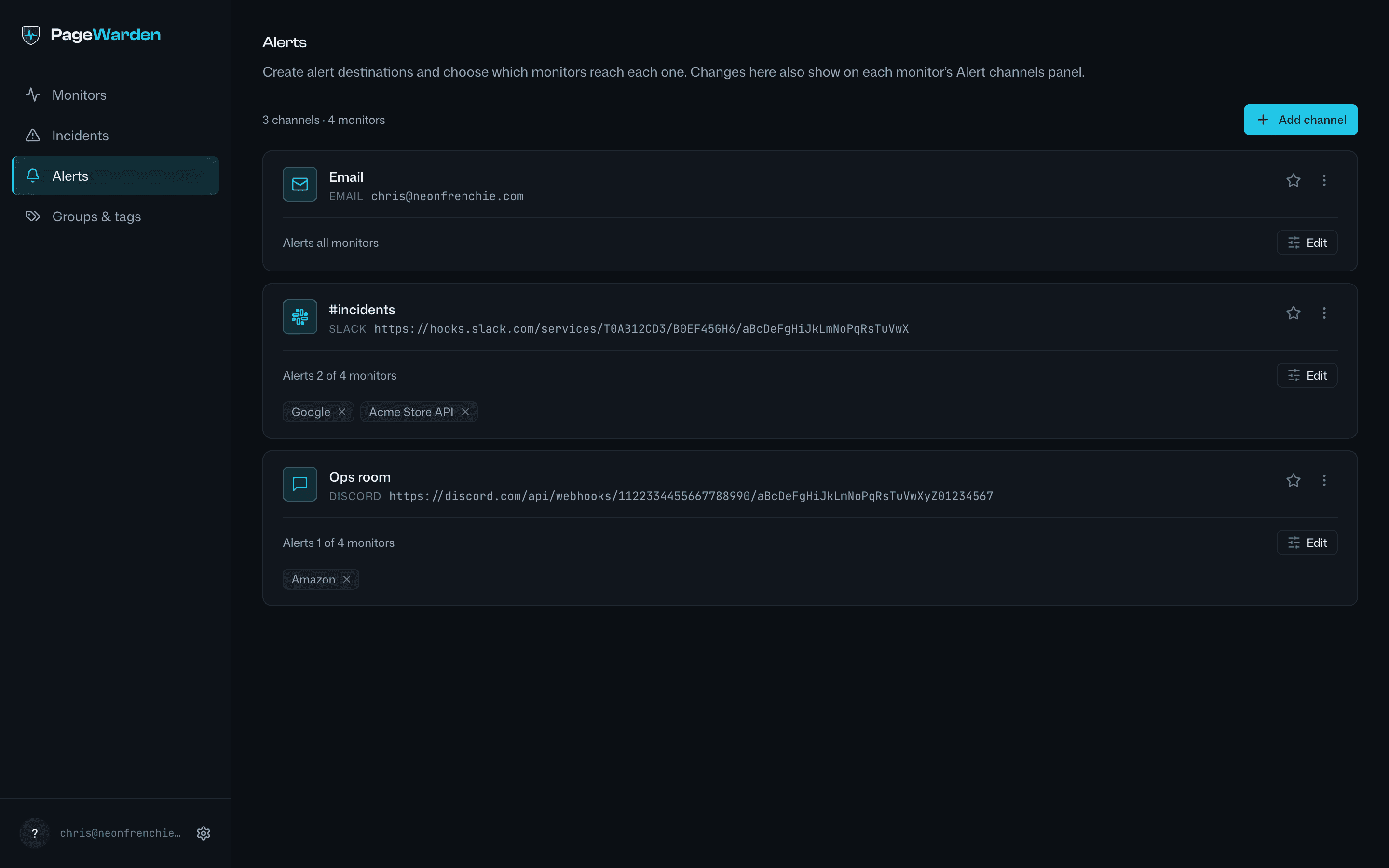 The Alerts page with channels