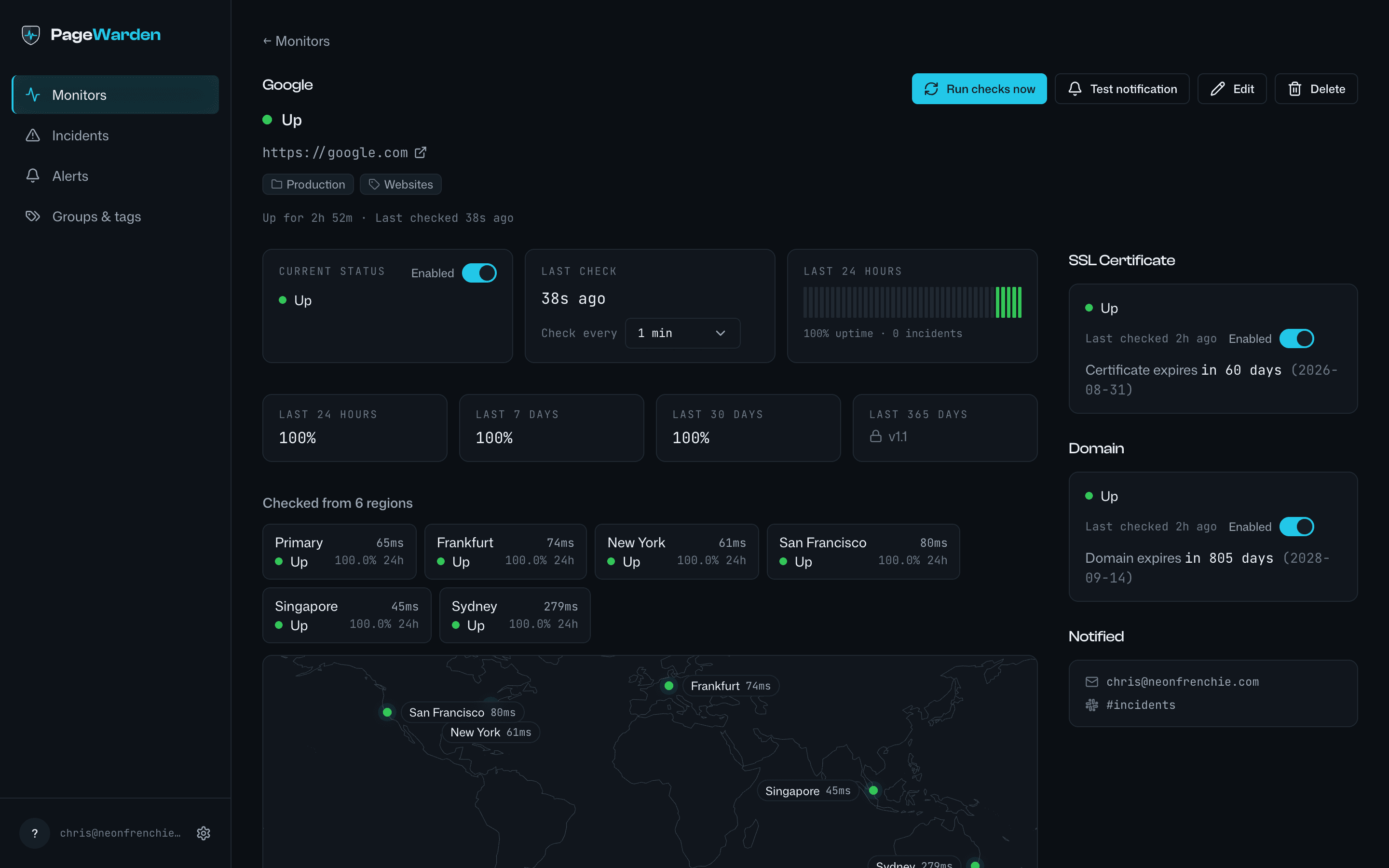 A monitor detail page showing its uptime, SSL and domain checks