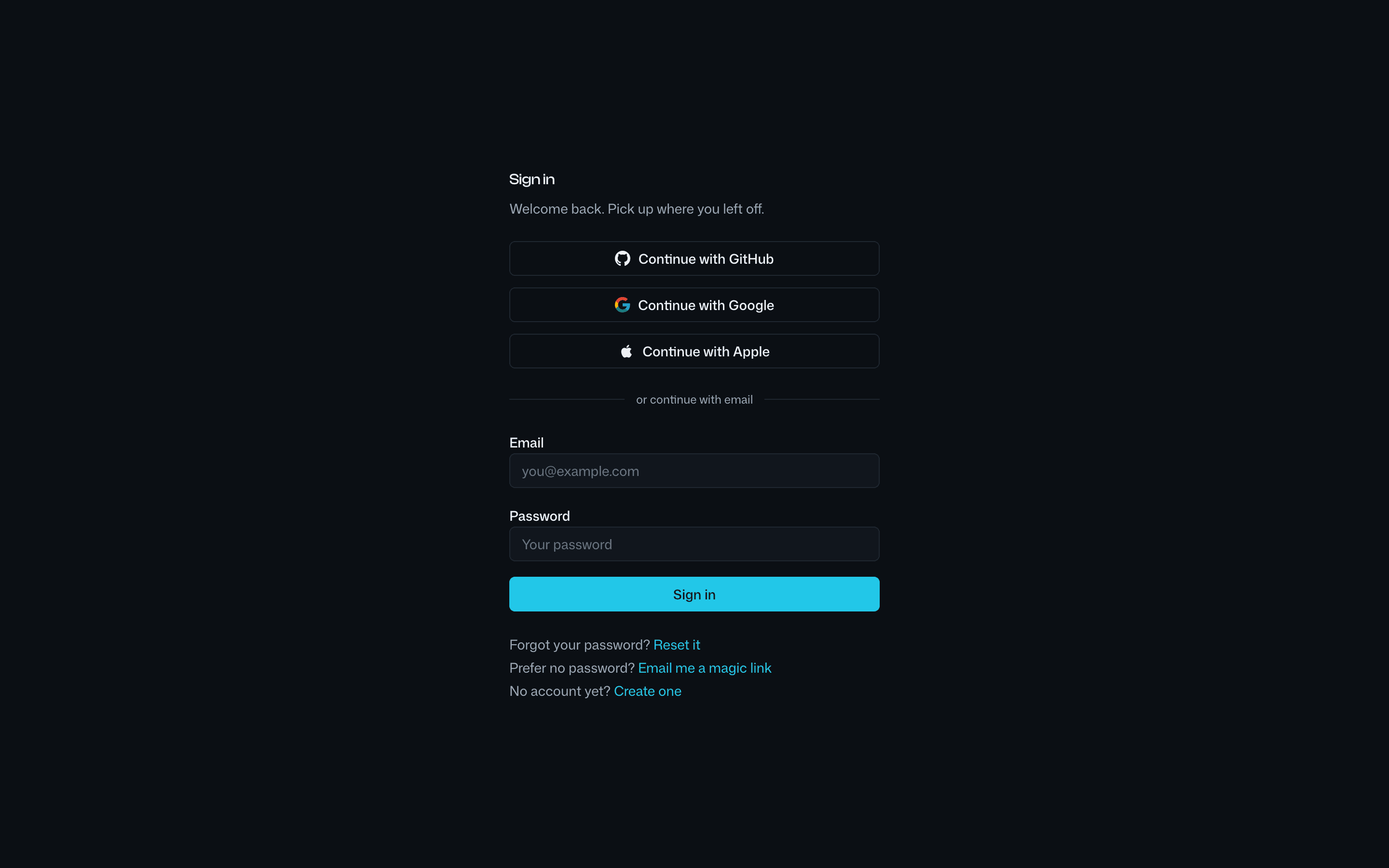 Sign-in options: email plus Google, GitHub and Apple